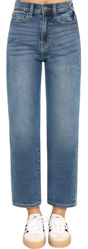 KDF Cropped Straight Leg Jeans for Women - High Waisted Jeans for Women 7/8 Length Medium Blue Jeans Denim Pants Size 8