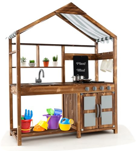 HOMASIS Jouet Cuisine pour Enfants avec Toit Textile, Cuisine extérieure avec Tableau en Bois d'épicéa/évier/évier/Pots, Cadeau pour Enfants à partir de 3 Ans, 100 x 42 x 126 cm, Marron