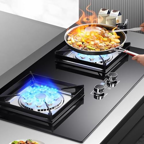 THEGA Fornello A Gas Tavolo E da Incasso - Fornello A Gas in Vetro Temperato, Cucine a Gas Doppie Fierce Fire da 5,2 kW, temporizzazione Intelligente bilaterale 180 Minuti, Facile da Pulire(NG)