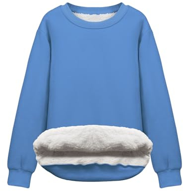 Flygo Women's Sherpa Lined Fleece Crewneck Pullover Sweatshirts Casual Winter Warm Sweatshirt(Blue-L)