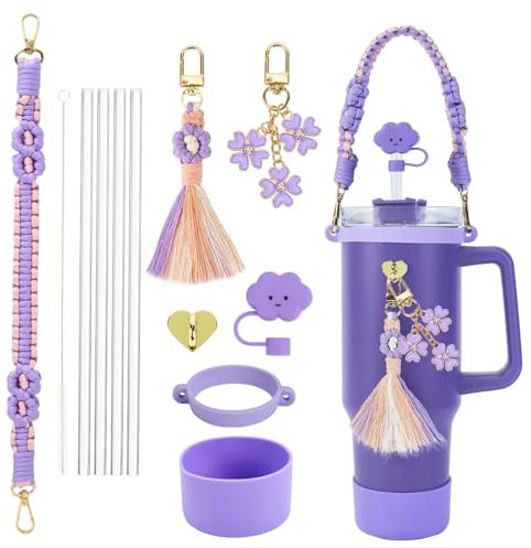 TTPSRY 12 Piezas Set Pajitas Reutilizables Acero Inoxidable Trébol Borla Colgante Vaso Termo Botella Agua Portátil Correa Transporte