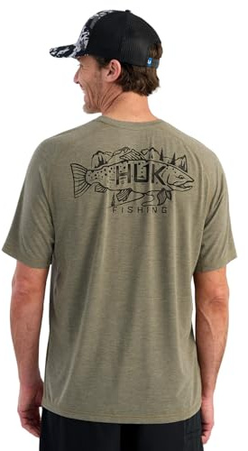 HUK Mens Drift Short Sleeve Lightweight Jersey Crew, Performance Fishing Shirt with UPF Sun Protection, Heather Moss, Large
