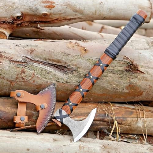 Viking Axe of Ragnar Lothbrok Axe with Rosewood Handle - Hand-Forged High Carbon Steel Sharp Blade, Handmade Camping Ax, Hatchet-Norse Axes, Tomahawk Vikings Bearded Axes, with Leather Sheath