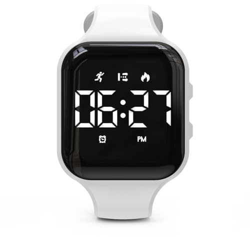 Focwony Kinder-LED-Fitness-Tracker-Uhr, Schrittzähleruhr Digitaluhr, Armbanduhr, Schrittzähler/Entfernung/Kalorien/Wecker, Tolles Geschenk für Kinder Teenager Mädchen Jungen (Weiß-Quadrat)