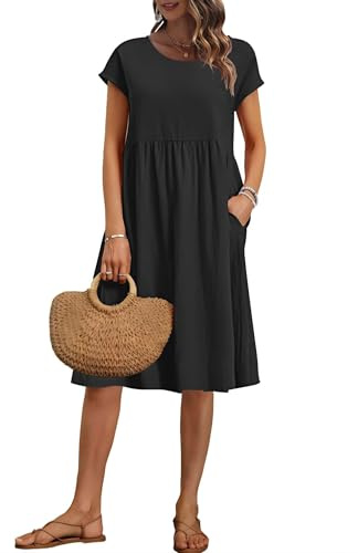 AUSELILY Women's Summer Short Sleeve Knee-Length Dresses with Pockets Black