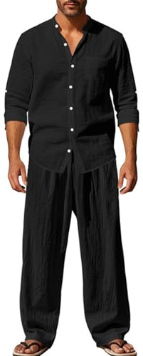 EMATOP Leinen Outfits Herren Sommer Leicht Sportanzug Lässiges Einfarbig Jogginganzug Baumwolle Leinen Tracksuit Casual 2 Teiliges Sommerhemd und Lang Hosen Freizeitanzug Zweiteiler Workout Set