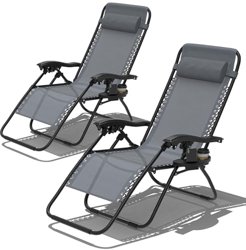 Chaise Longue Pliante，Fauteuil Relax Jardin，Bain de Soleil avec Porte-Gobelet et Repose-Tête,Inclinables，Transat de Plage，Transat de Relaxation Chaise de Camping pour Patio Jardin Plage，Gris，2PCS