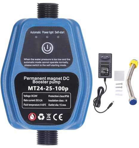 OVAQUIXI Bomba de Presión de Agua Automática Silenciosa para Hogar, 100W, 24V, 25L, IP56, con Enchufe Europeo, Ideal para Duchas, Tuberías y Sistemas Solares, Modelo MT24 25