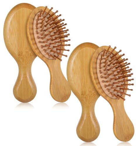 Pack of 2 Small Travel Hair Brushes, Bamboo Hair Brush Made of Natural Bamboo with Compact Design, Lightweight Material for Gentle Scalp Massage, Travel, Women, Men, Children and All Hair Types