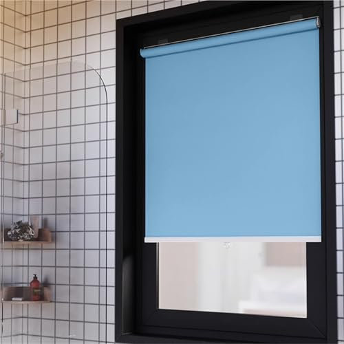 Springrollo Mittelzugrollo Selbstklebendes Fensterrollo Thermorollo Verdunkelungsrollo ohne Bohren Rollo Polyester wasserabweisend leicht Temporäre Tragbare für Zuhause Wohnzimmer Büro(Blue,36W x 150H