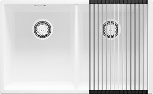 PRIMAGRAN Fregadero Cocina al Mueble 80cm + Kit de desagüe, 76x47cm | Set: Kit de desagüe + Enrollable Escurridor + London Twin Slim 2 Senos Granito, Blanco