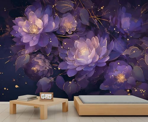 YEMYOR Gold-Lila Blumen-Tapete, Retro-Lila Pfingstrosen-Tapete, Dunkle Große Blumen, Seidentapeten, Abnehmbare Wandtapete Für Wohnzimmer Und Schlafzimmer-150x100cm