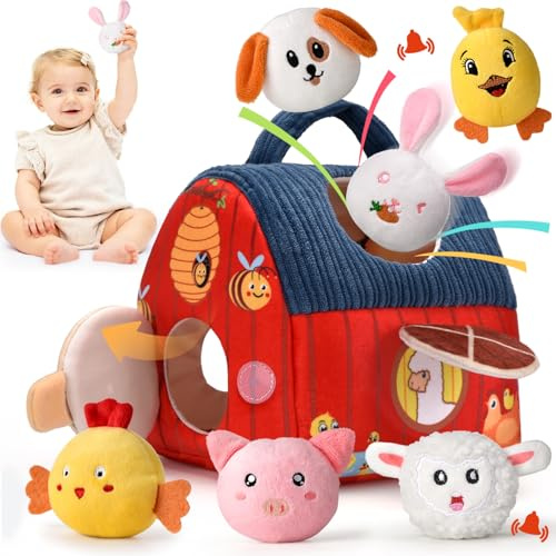 VORENUS Jouet Bebe 6 Mois Animaux de la Ferme en Peluche, Jeux Montessori avec Grange, Hochets, Miroirs Jouets de tri Sensoriel Montessori avec Grange, Cadeau Bébé Enfant 6 9 12 18 Mois Garçon Fille