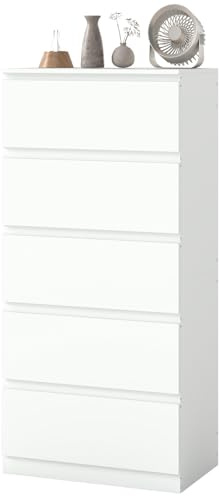 Ginhow Kommode mit Schubladen, Komodenschrank für Flur, Schubladenschrank Weiss mit 5 Schubladen, Moderne Kommode Schlafzimmer, Komodenschrank für Schlafzimmer