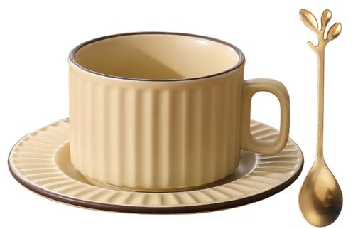 All-Pie keramiska cappuccinokoppar med fat och sked, kaffe, tekopp – 250 ml/8,5 uns, matt retro (gul)