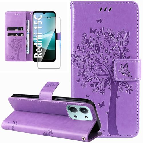 Dcjlbo Cover per Xiaomi Redmi 15C 4G/5G Custodia in Pelle Portafoglio a Libro con Pellicola Vetro Temperato Porta Carte Cover Flip Case Antiurto Custodia-Viola