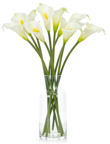 Afcabakila 10 Pcs Artificial Calla Lily White Flowers, 26 Long Stem Artificial Flowers for Tall Vases, Wedding Centerpieces & Bridal Bouquets, Realistic White Calla Lilies for Home & Office Decor