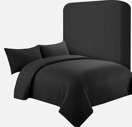 KNIGHTS BRIDGE Premium 4-Piece Satin Stripe Hotel Collection Duvet Cover Set with 30cm Deep Fitted Sheet, Pillowcases, Elegant Bedding (Black, Double)