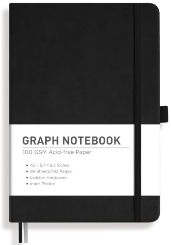 RETTACY Notizbuch A5 Kariert - 192 Seiten, 1 Rücktasche und hochwertigem Hardcover für Künstler Schreiben/Zeichnen, 14,5 x 21 cm - Schwarz - Office Product
