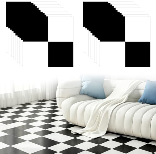 20 stycken självhäftande vinylgolv - 30 x 30 cm - PVC-golvbeläggning Självhäftande vinylplattor Vinyl golvklistermärken Vattentätt, för kök, vardagsrum, badrum (svart och vitt)