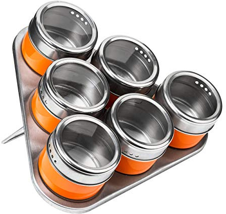 Premier Housewares Orange Magnetic Spice Jars Adjustable Herbs and Spices Set of 6 Steel Seasoning Jars Spice Tin Magnetic Spice Rack Kitchen Spice Rack
