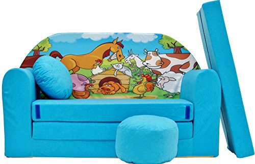 Kinder Sofabett + Gratis Polsterhocker und Kissen Kindermöbel Set - B5