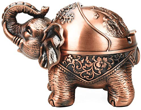 LAUYOO Metal Elephant Ashtray with Lid Windproof Ashtrays Outdoor, Indoor Ashtray for Weed, Vintage Practical Decoration Ash trays for Cigarettes Great Gift for Men Women