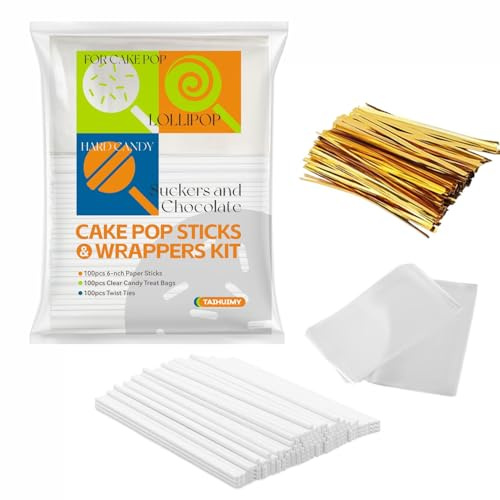 TAIHUIMY Lot de 360 bâtonnets de sucettes de 15,2 cm, sucettes à gâteaux, chocolats et biscuits comprenant 120 sacs de colis, 120 bâtonnets de friandises en papier, 120 attaches torsadées dorées
