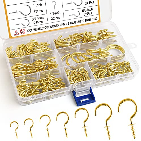 FEPITO 160 Stück Schraubhaken Deckenhaken Golden Multi-Größe plattiertes Kupfer Metall Schraubbare Decke Haken Cup Haken,7 Größen