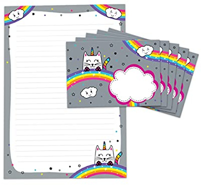 Briefpapier-Set Einhorn-Katze für Kinder Mädchen Briefblock liniert mit Umschlägen Umschlag (Block A4 mit 25 Blätter + 15 Umschläge)
