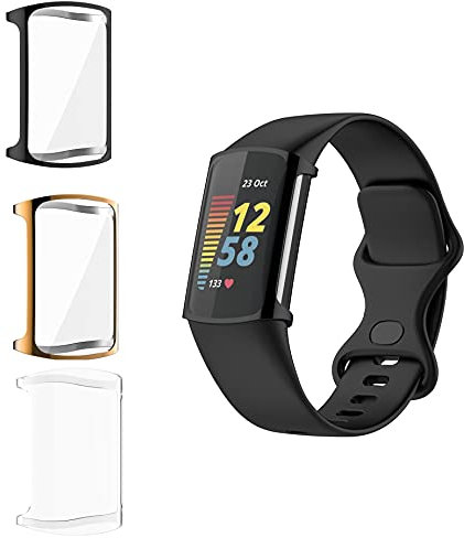 Giaogor Compatible with Fitbit Charge 5 (Not for Charge 4/3), TPU Rugged Bumper Case Cover All-Around Protective Plated Bumper Shell Accessories for Charge 5 Smartwatch (3 pack-Black+Rose Gold+Clear)