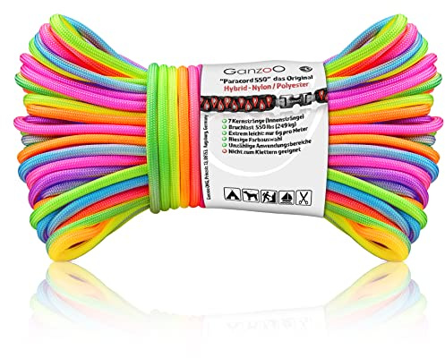 Ganzoo Paracord 550 rep i regnbågsfärg, 4 mm nylon polyester typ 3 med 7 kärnsträngar, 30 m för DIY och friluft, knyta armband, hundkoppel, hundhalsband, allround