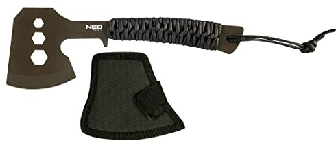 NEO TOOLS Campingaxtlänge 26 cm, Klingenlänge 8 cm, Edelstahl 3Cr13 | Paracord-Griff, Handgelenkgriff, Satinierter Stahl, Nylontasche, Camping Axt, Axt Survival, Outdoor, Axt Äxte Hatchet Beil