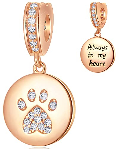 Rose Gold Dog Paw Print Dangle Charms, Fit Pandora Christmas Bracelet, Always in My Heart Cat Pawprint CZ Pendant Beads in 925 Sterling Silver, Gift for Grandma/Mum/Friends/Sister