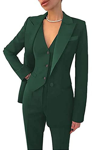 Leader of the Beauty - Completo da donna con rever a punta, 3 pezzi, abito da ufficio per signora, abito da lavoro, completo con pantaloni, abito da cerimonia, Verde caccia., XS