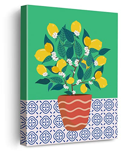 Leinwand-Poster, Gemälde, Wandkunst, Geo-Fliese, Zitronenpflanze, Bild, Kunstwerk, gerahmter Druck, fertig zum Aufhängen, für Zuhause, Küche, Wanddekoration, 30,5 x 38,1 cm