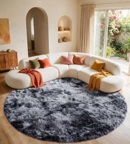 MARATIP Teppich Wohnzimmer Dunkelgrau Ø 120 cm Flauschig Weich | Hochflor-Teppich, waschbar, rutschfest, weich. Perfekt für Schlafzimmer, Esszimmer und Kinderzimmer.