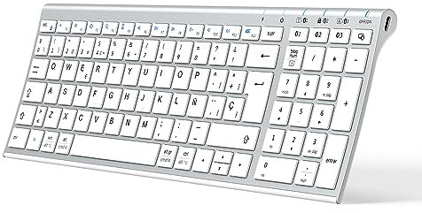 iClever BK10 Teclado Bluetooth Inalámbrico, Teclado QWERTY Español Tamaño Compacto, Diseño Ergonómico, Recargable, Compatible con Mac, iPad, iOS, Android, Windows 8/10/11, Conexión Estable