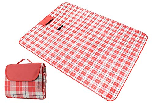 Picknickdecke, dick, kariert, gepolstert, Stranddecke, Matte, doppelseitig, wasserdicht, sanddicht, großer tragbarer faltbarer Teppich für Camping, Reisen, Wandern, Garten, Rosa und Weiß/Blau und We