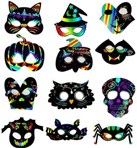Qpout Halloween Regenbogen Kratzmasken für Kinder - 24 Stück Kratzbilder, Rubbelkarten, Scratch Art Masken - Halloween-Partyspiele