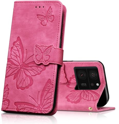 CXTcase Handyhülle für Xiaomi 13T / Xiaomi 13T Pro Hülle,Schutzhülle Flip Case für Xiaomi 13T,PU Leder Magnetische Schmetterlings Lederhülle Tasche für Xiaomi 13T Pro,Rosenrot