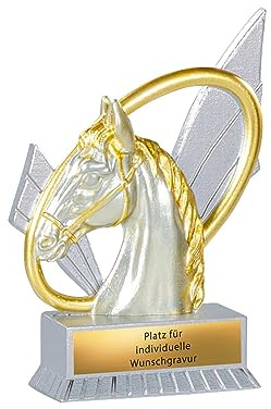 XS Pferd Pokal 12 cm - Reitsport Trophäe für Kinder & Teens - Silber/Gold | Resin Reiter Award mit Wunschtext Gravur, ideal für Pferdegestüt Wettbewerbe und kleine Pferdefreunde als persönlicher Preis