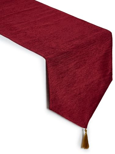 Encasa XO Tischläufer, Fein Chenille, Mit Quasten 13x59 Rot | Esstisch 4 seater | V-Ende mit Eleganten Quasten | Weiche Chenille Qualität | Maschinenwaschbar