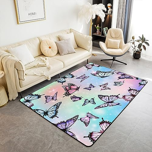Loussiesd Fjärilsmatta 100 x 150 cm flickiga fjärilar tryck vardagsrumsmattor för barn flickor färgglad regnbåge dekorativ matta kvinnor män tonåringar glitter inomhus golvmatta