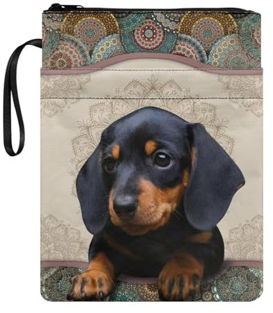 Poceacles Buchhülle im Boho-Stil mit Dackel-Motiv, für Buchliebhaber, mit Reißverschluss, Taschenbuch, waschbar, mit Tasche, Taschenbuch, Hardcover, Tragetasche, Buchsack