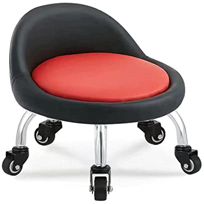 QUNINE Rollhocker mit Rückenlehne, niedriger Fußhocker mit 5 Gummi-Lenkrollen, beweglicher Rollhocker für Kinder, Fußhocker aus PU-Lederkissen, Hockeroberflächenhöhe 22 cm, kleine Stuhllast 150 kg
