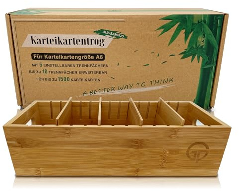 GP Get Productive Carteitrog per schede 1500 DIN A6, con 4 taglieri regolabili in legno, scatola per schede in legno di bambù, legno lucido, qualità premium