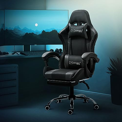 ML-Design Gaming-massagestol, svartgrå, PU-läder, ergonomisk kontorsstol, justerbar snurrstol, racing-gamerstol med armstöd, nackstöd, ländryggskudde, fotstöd, skrivbordsfåtölj