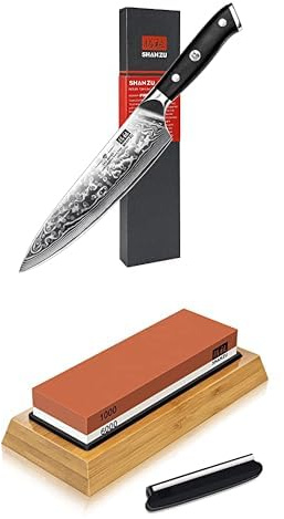SHAN ZU Cuchillo de Cocina Damasco, 20cm Cuchillo Chef Japones de Acero Damasco de 67 Capas & Piedra de Afilar Cuchillo de Piedra Afiladores Manuales 1000/6000 Grano