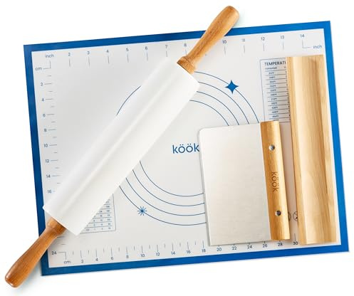 Kook Marble Rolling Pin Set, 18 Inch Rolling Pin with Beechwood Handles, Wooden Holder, Metal Scraper, Silicone Mat, Nonstick, for Baking Pizza Dough, Pastries, Tortillas